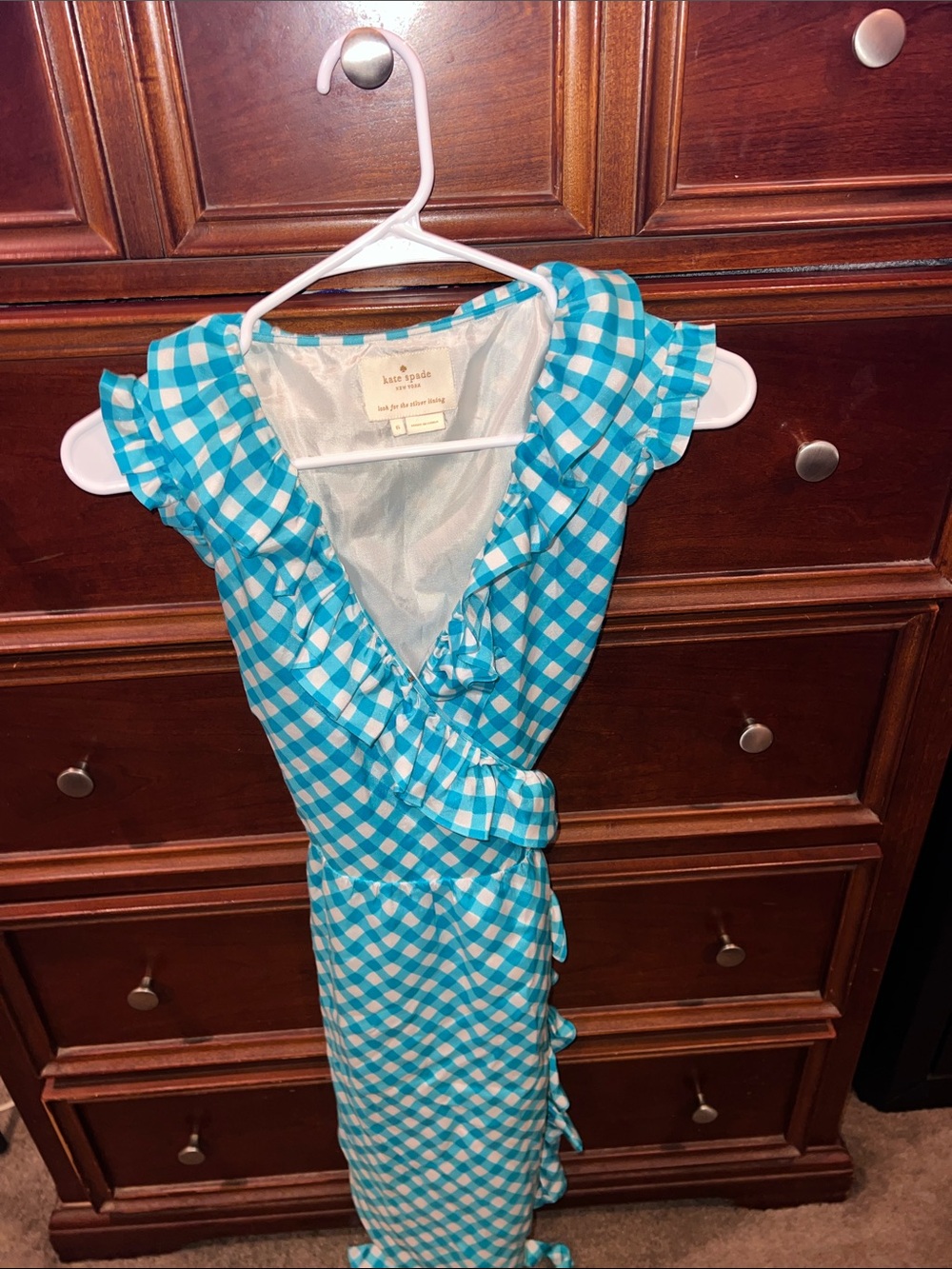 kate spade Blue and White Gingham Ruffle Wrap Dress